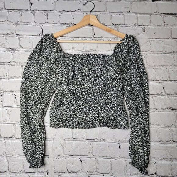 Abercrombie Fitch AF Black Vine Print Smock Peasant Puff Sleeve Boho CropTop Med - Picture 1 of 9